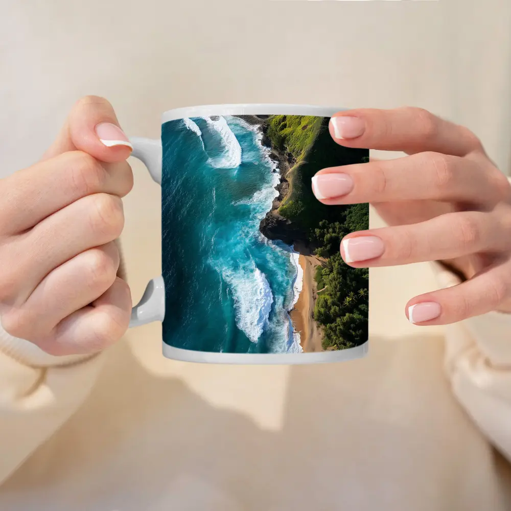Aerial Tropical Beach Coastline Turquoise Ocean Waves – Mugs