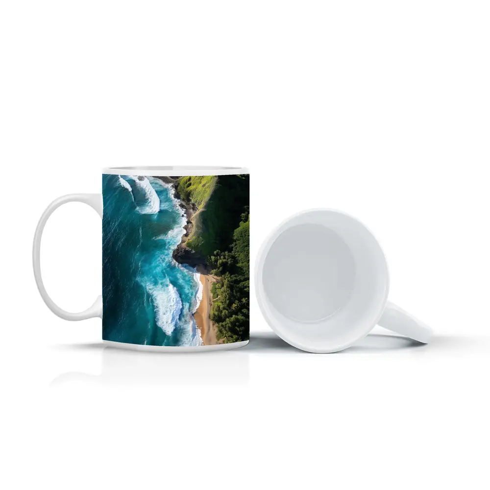 Aerial Tropical Beach Coastline Turquoise Ocean Waves – Mugs