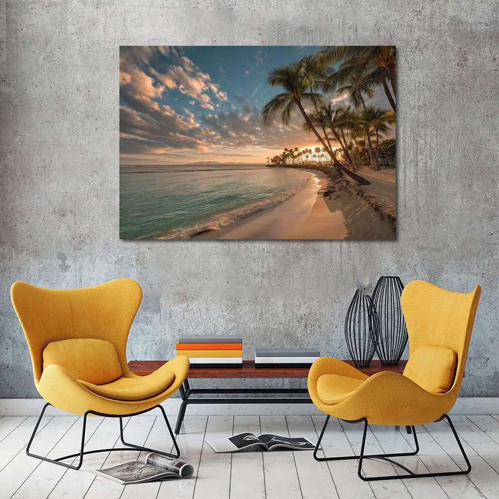 Waikiki Beach Sunset Palm Trees Hawaii – Wall Art