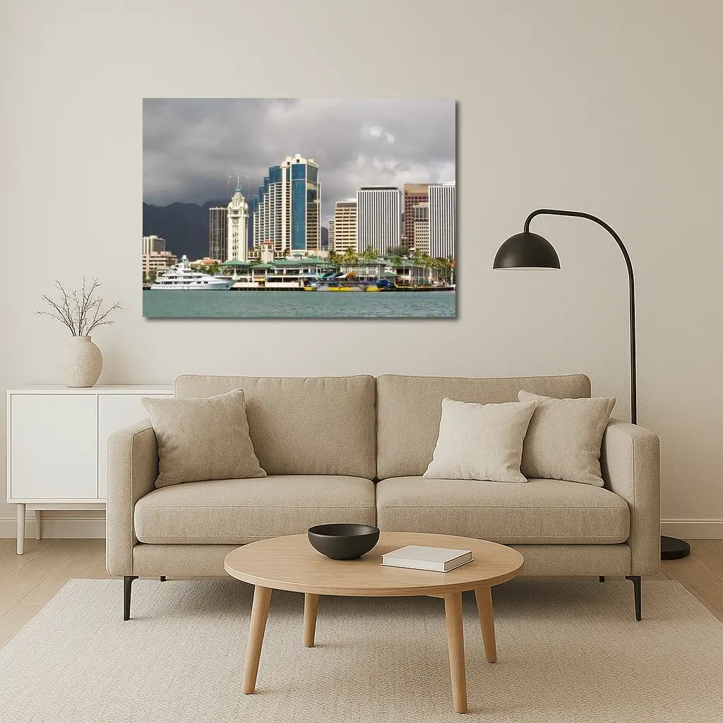 Honolulu Downtown Skyline Harbor Cloudy Day – Wall Art