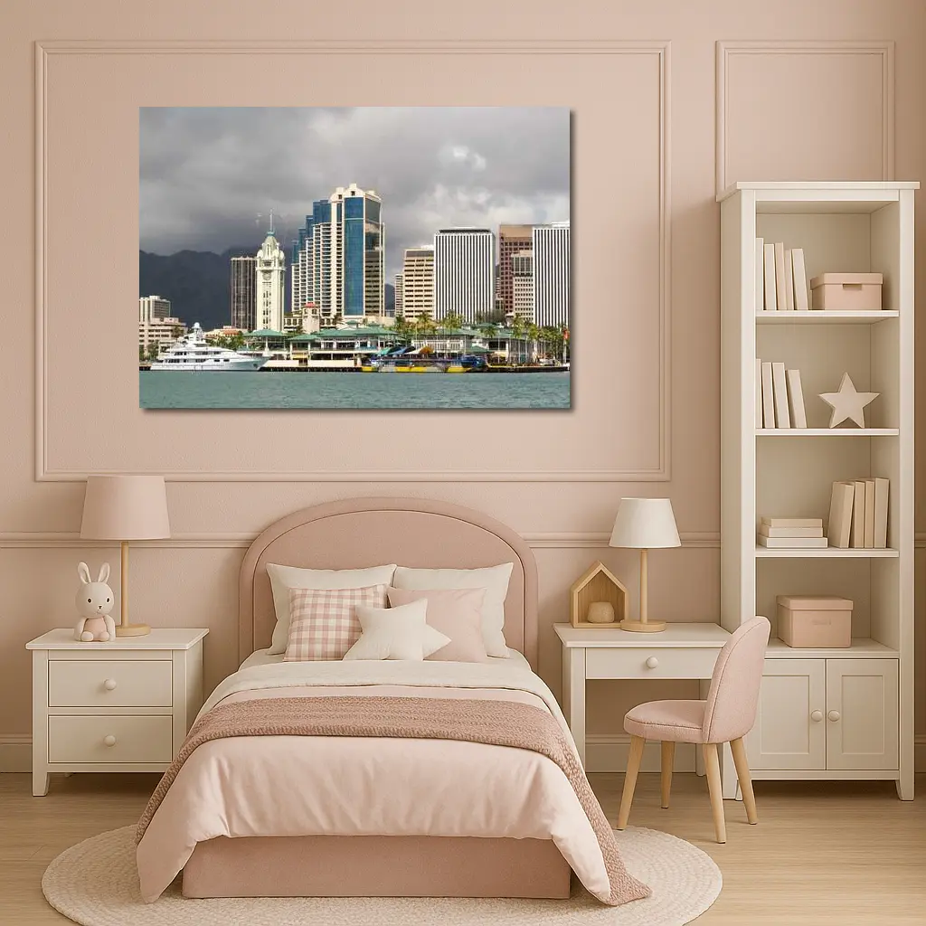 Honolulu Downtown Skyline Harbor Cloudy Day – Wall Art