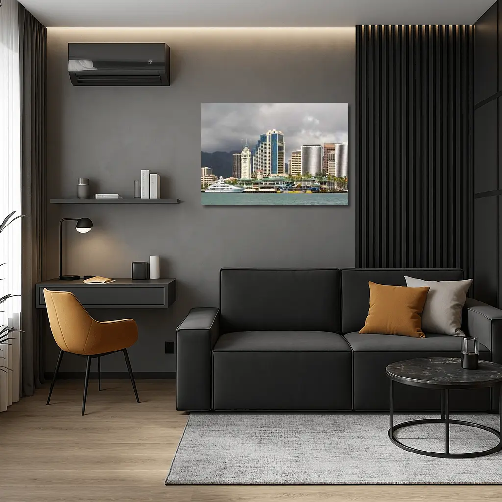 Honolulu Downtown Skyline Harbor Cloudy Day – Wall Art