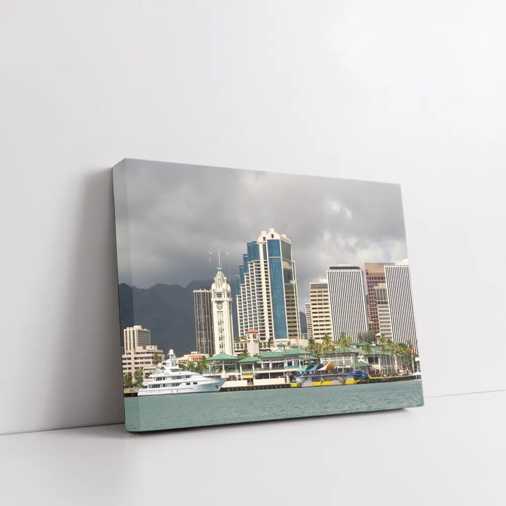 Honolulu Downtown Skyline Harbor Cloudy Day – Wall Art