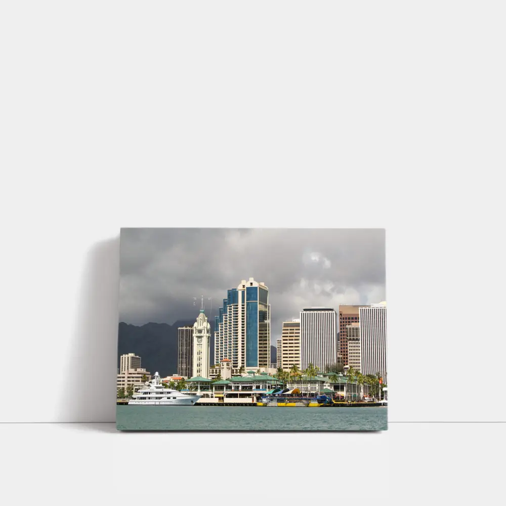 Honolulu Downtown Skyline Harbor Cloudy Day – Wall Art