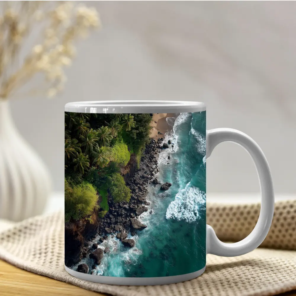Aerial Tropical Coastline Rocky Shore Ocean – Mugs