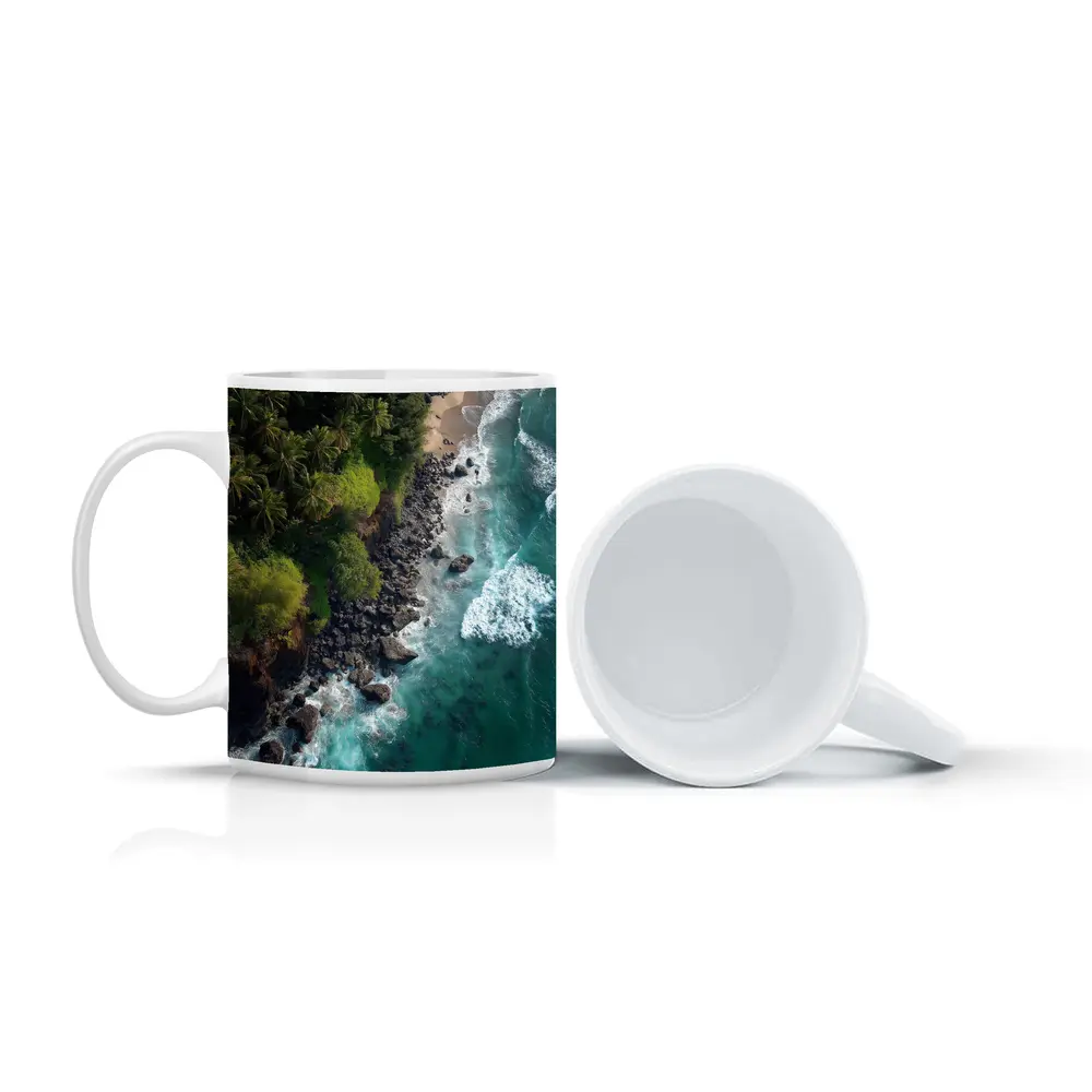 Aerial Tropical Coastline Rocky Shore Ocean – Mugs