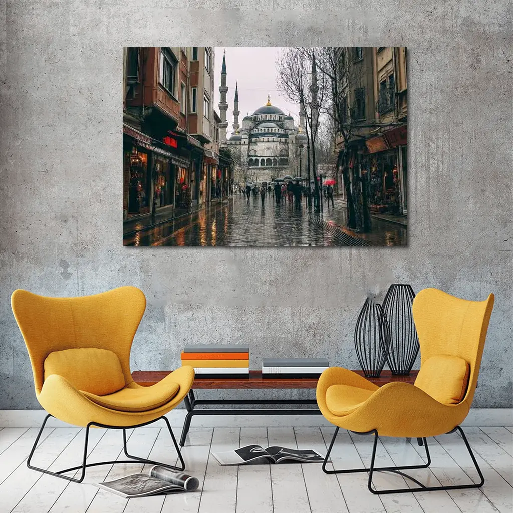 Istanbul Blue Mosque Rainy Street Scene – Wall Art
