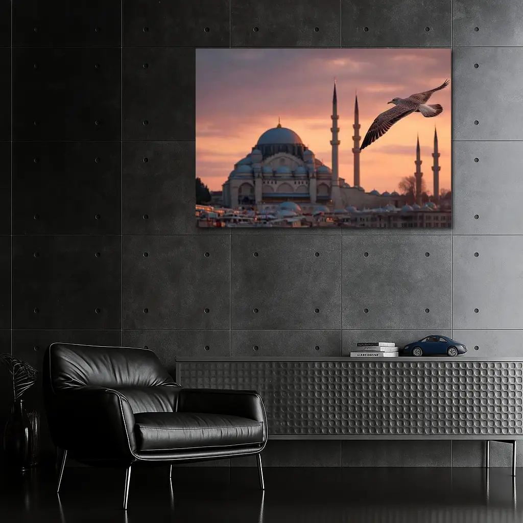 Seagull Flying Over Istanbul Mosque Sunset – Wall Art