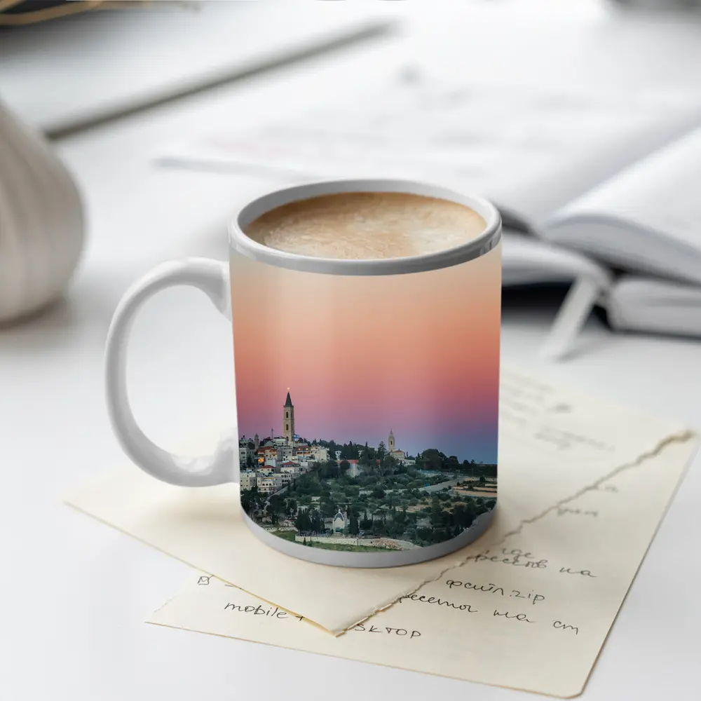 Jerusalem Skyline at Pink Dusk Sunset – Mugs