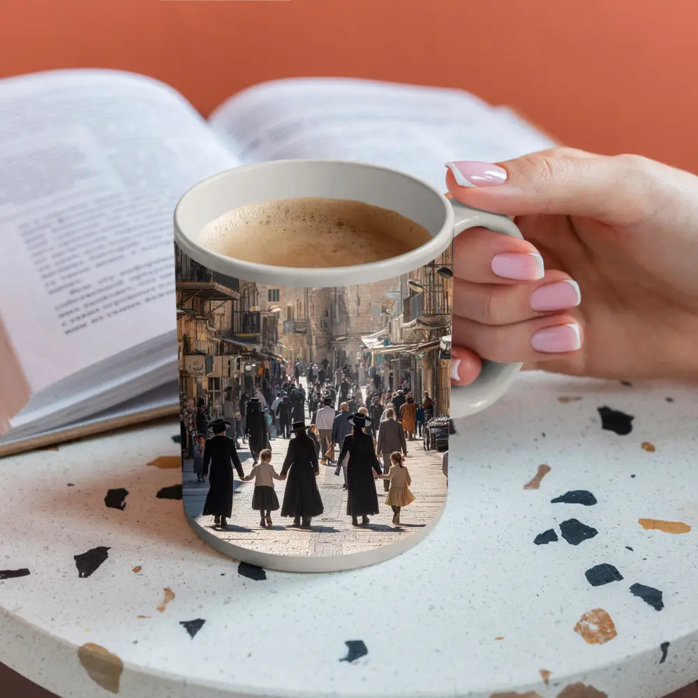 Orthodox Jewish Families Walking Jerusalem Old City Street – Mugs