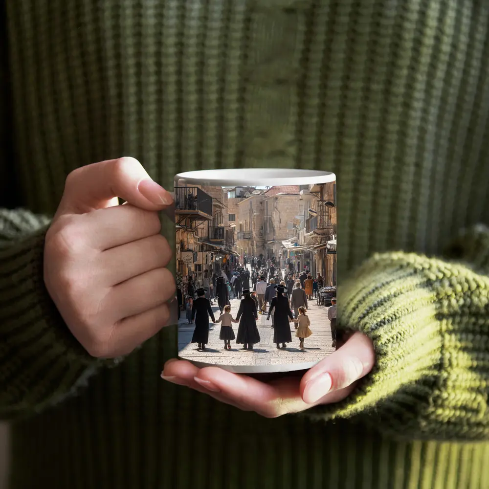 Orthodox Jewish Families Walking Jerusalem Old City Street – Mugs