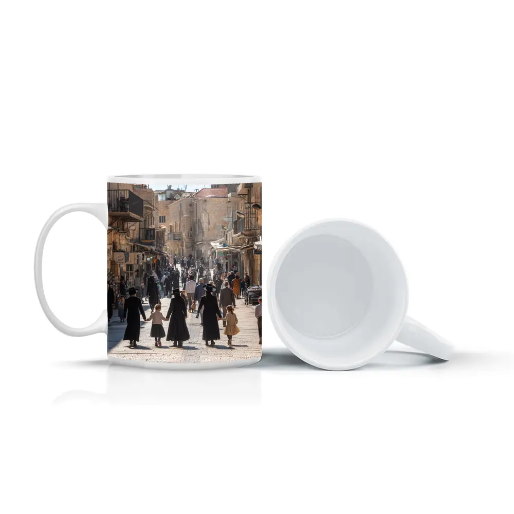 Orthodox Jewish Families Walking Jerusalem Old City Street – Mugs