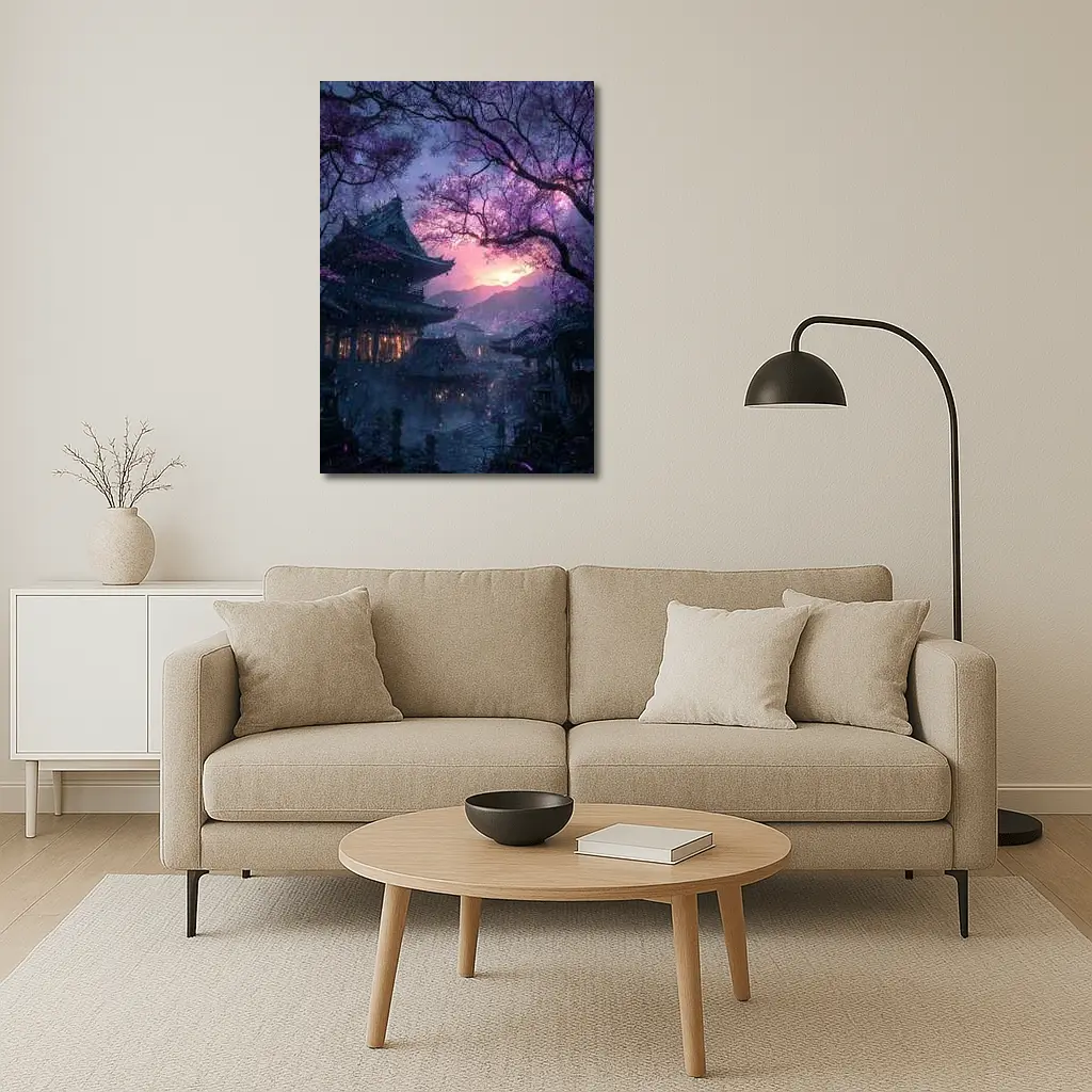Japanese Temple Cherry Blossoms Purple Night Sky – Wall Art