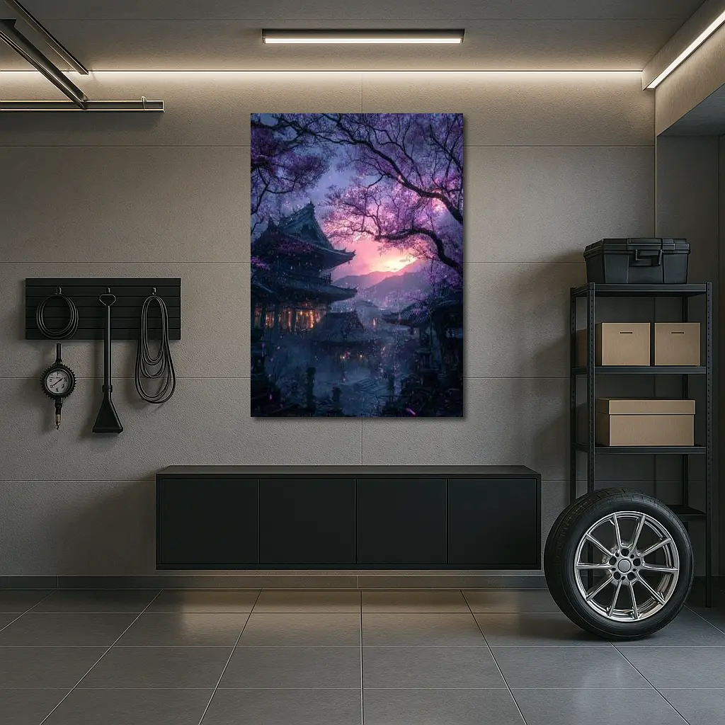 Japanese Temple Cherry Blossoms Purple Night Sky – Wall Art