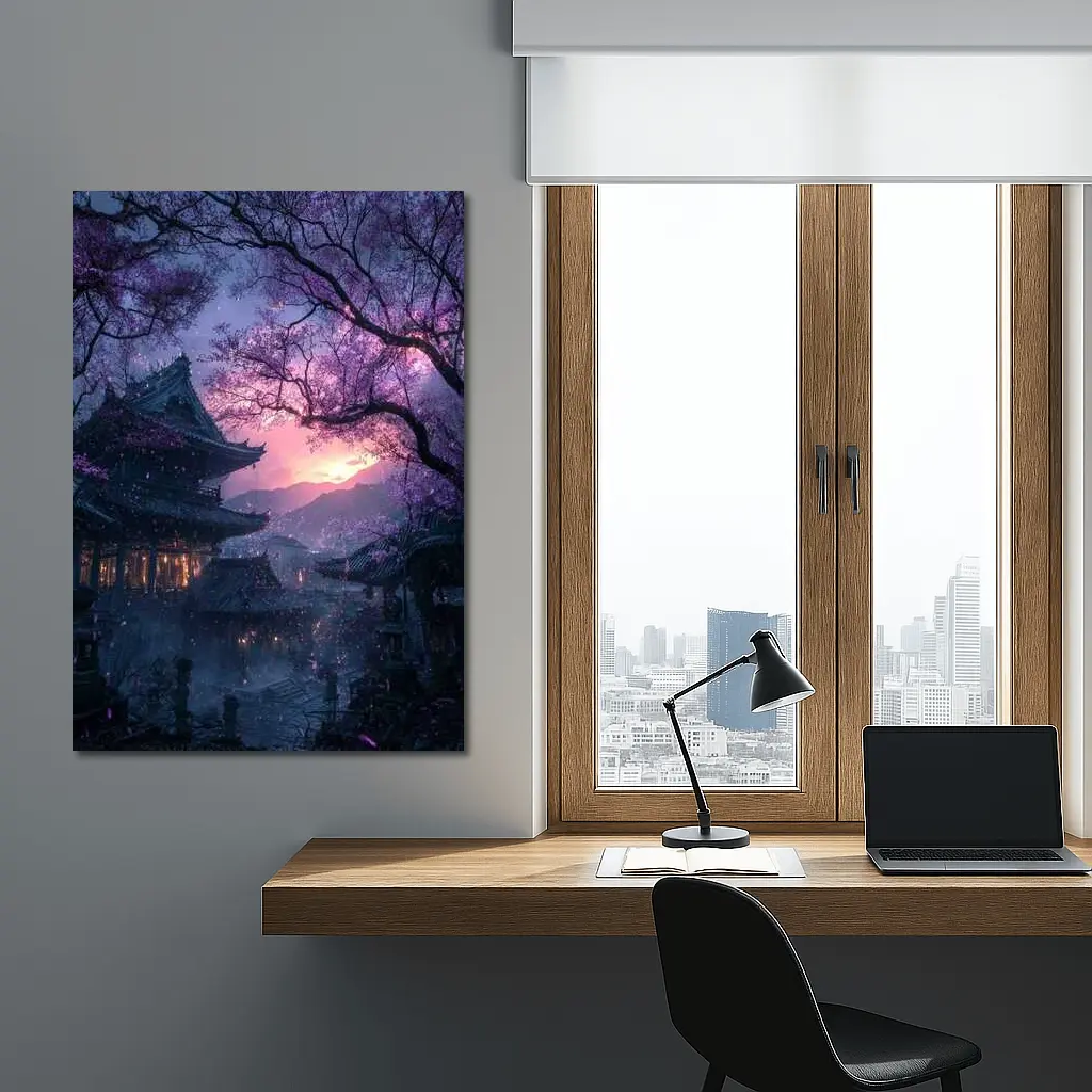 Japanese Temple Cherry Blossoms Purple Night Sky – Wall Art