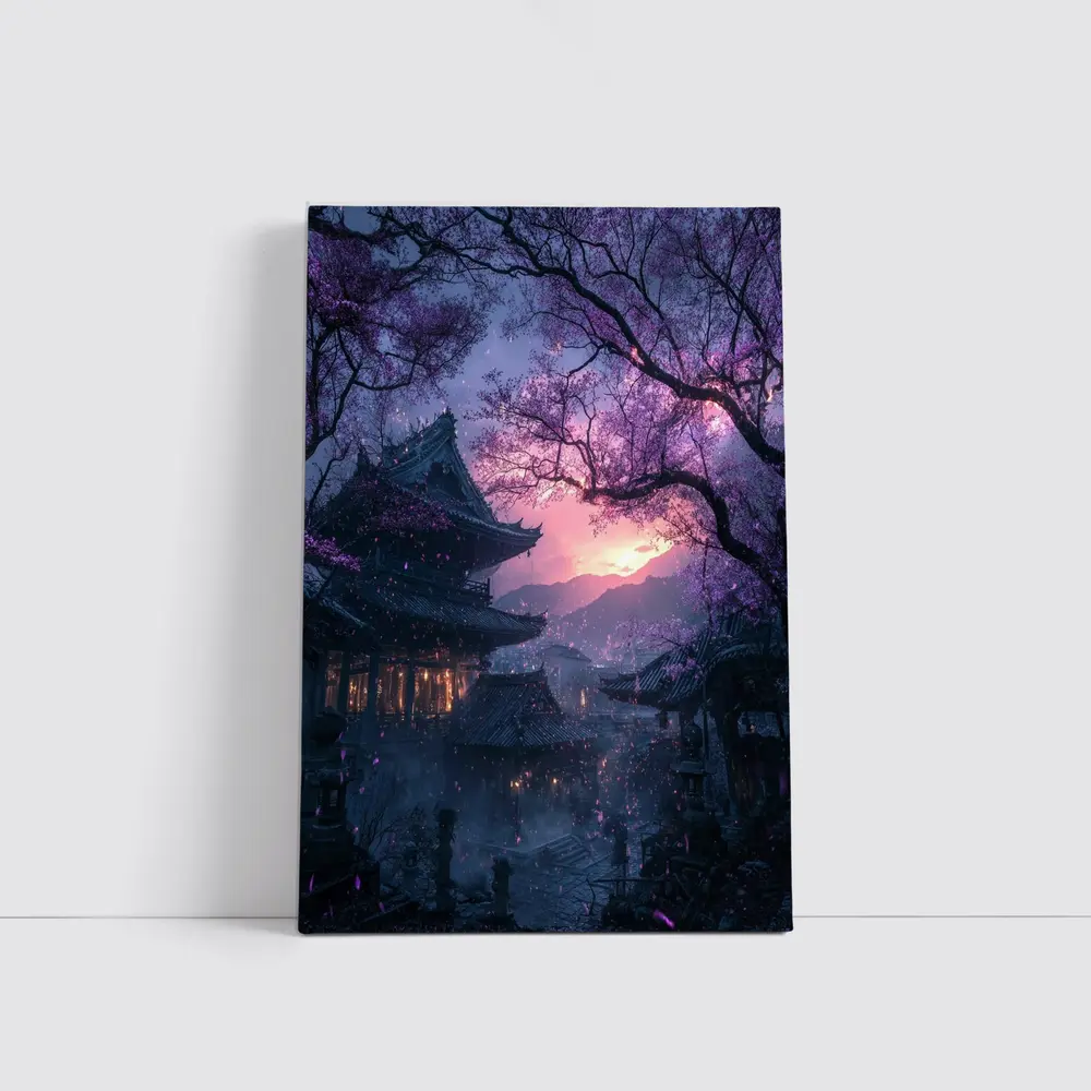 Japanese Temple Cherry Blossoms Purple Night Sky – Wall Art