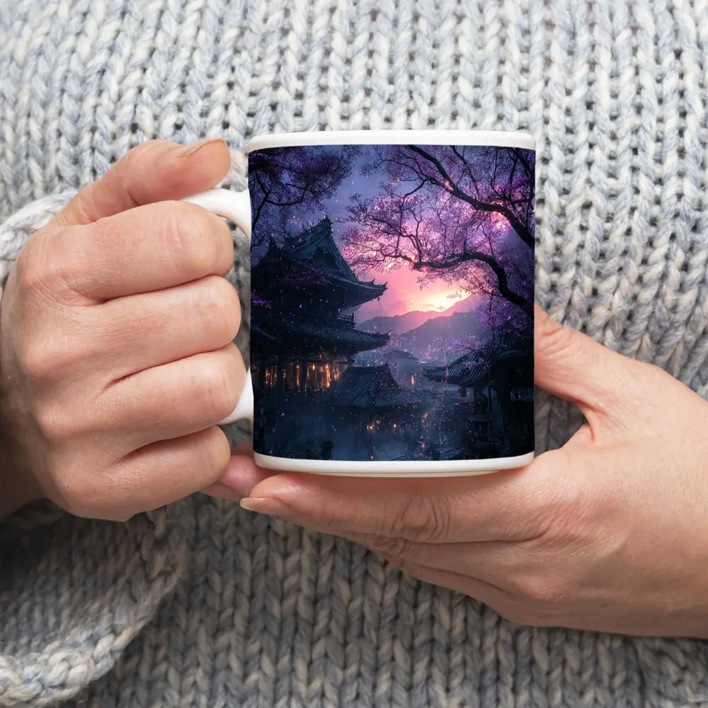 Japanese Temple Cherry Blossoms Purple Night Sky – Mugs