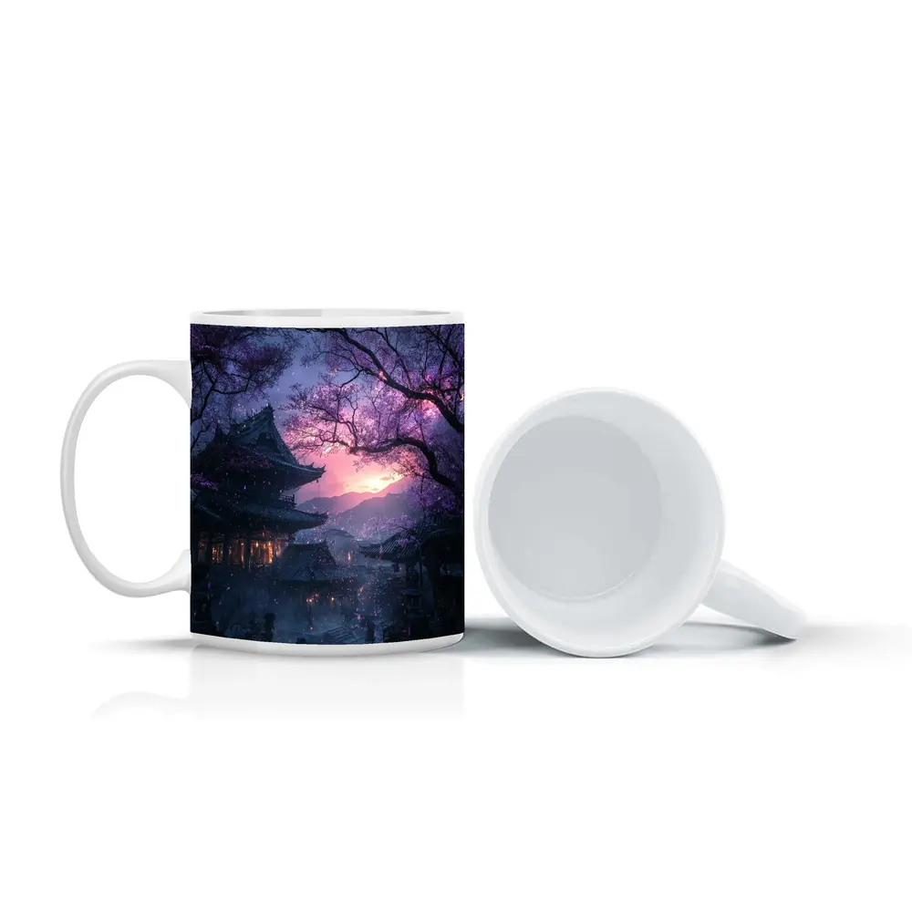Japanese Temple Cherry Blossoms Purple Night Sky – Mugs