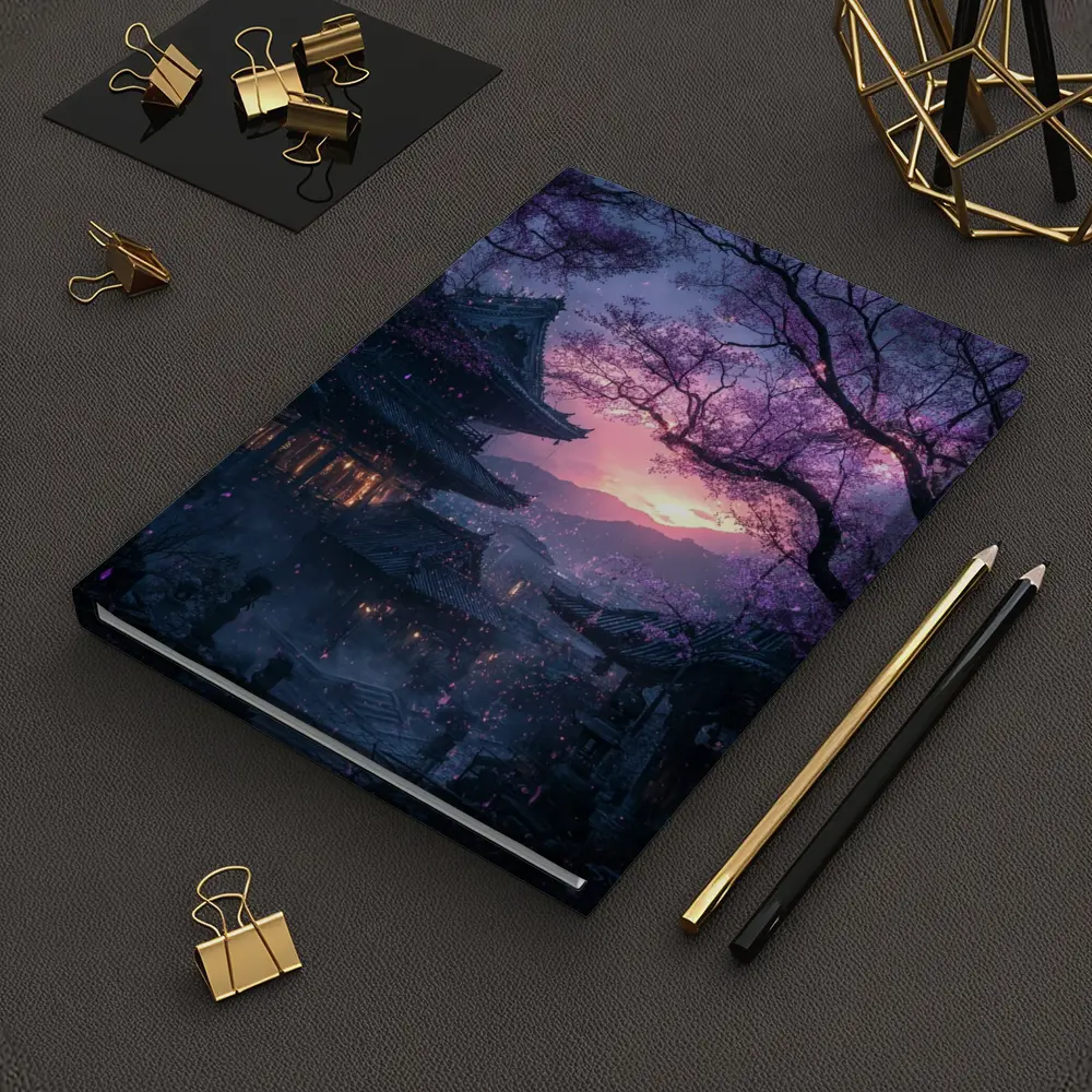 Japanese Temple Cherry Blossoms Purple Night Sky – Notebooks