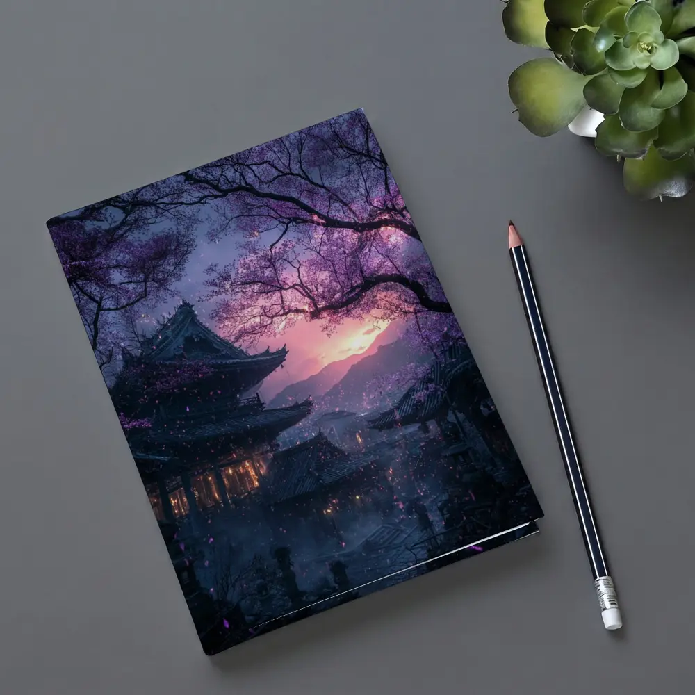 Japanese Temple Cherry Blossoms Purple Night Sky – Notebooks