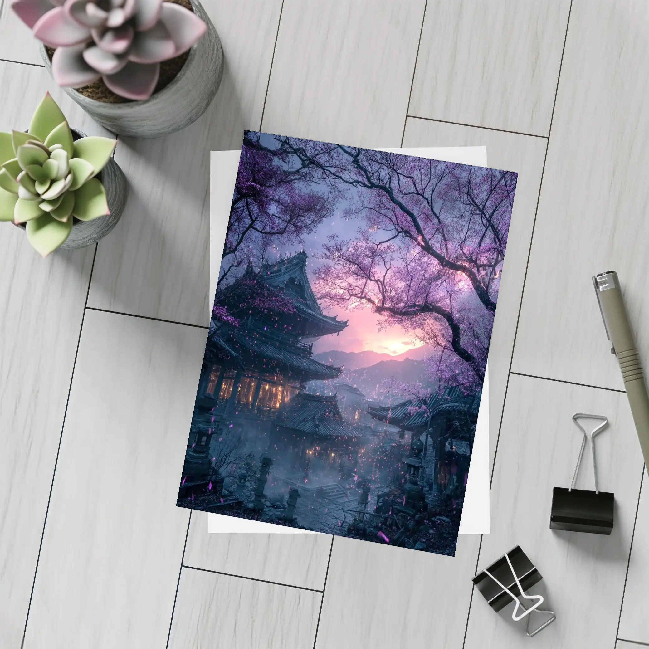 Japanese Temple Cherry Blossoms Purple Night Sky – Postcards
