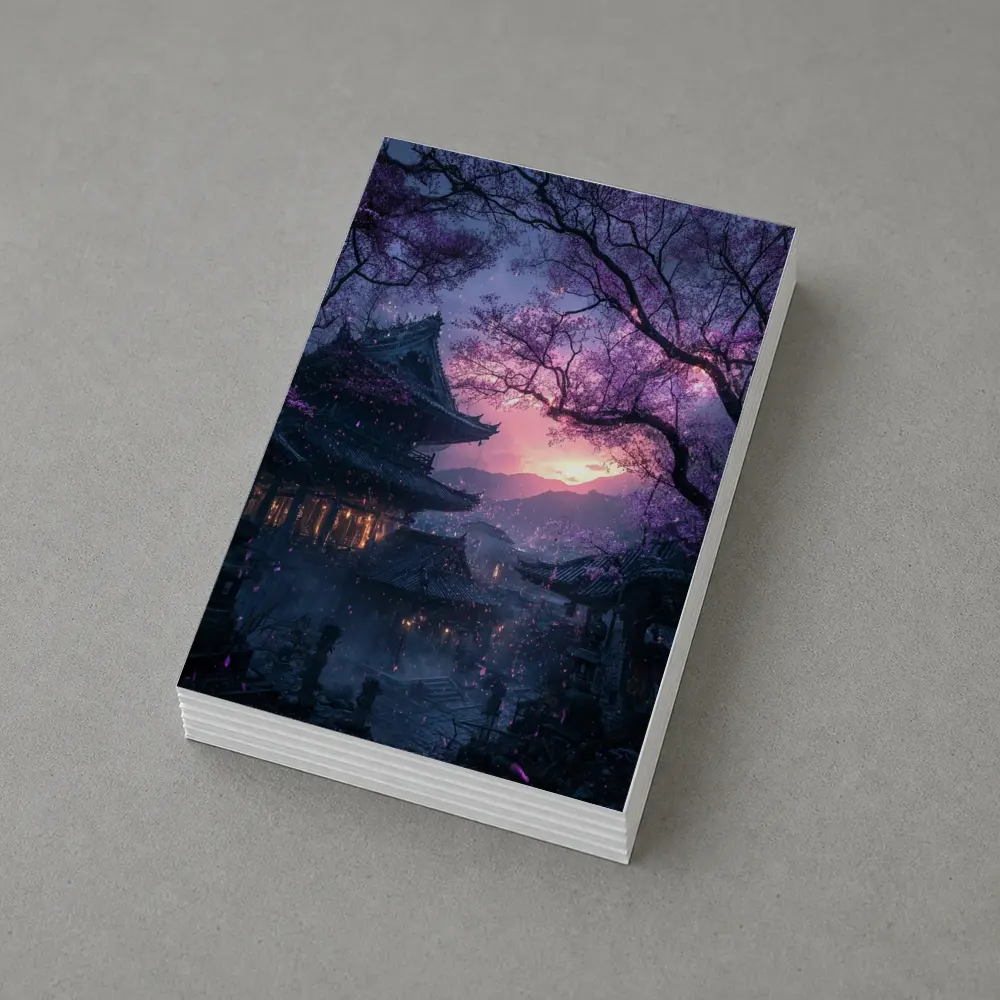 Japanese Temple Cherry Blossoms Purple Night Sky – Postcards