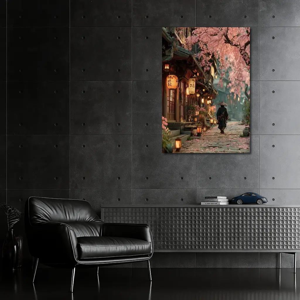 Samurai Walking Cherry Blossom Japanese Street – Wall Art