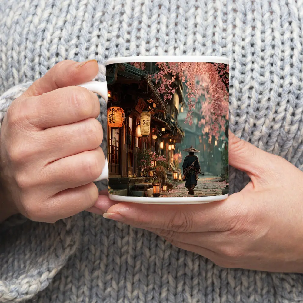 Samurai Walking Cherry Blossom Japanese Street – Mugs