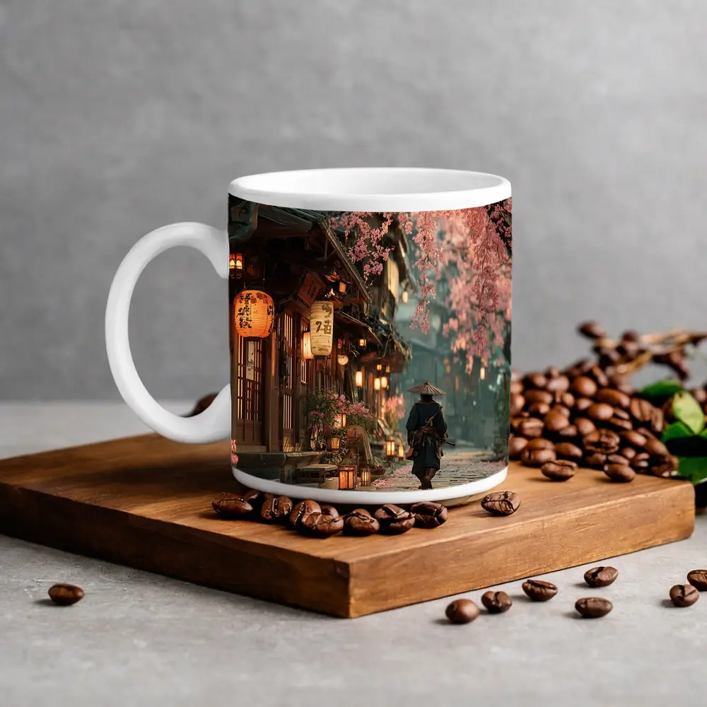 Samurai Walking Cherry Blossom Japanese Street – Mugs