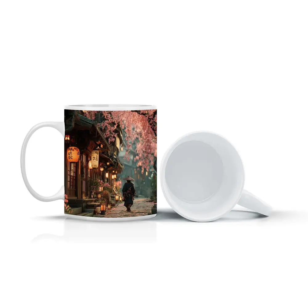 Samurai Walking Cherry Blossom Japanese Street – Mugs