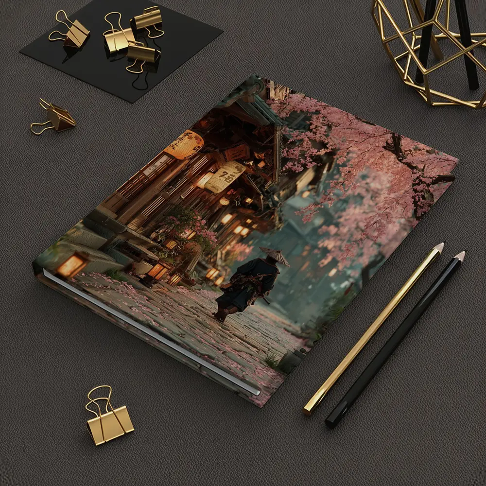 Samurai Walking Cherry Blossom Japanese Street – Notebooks