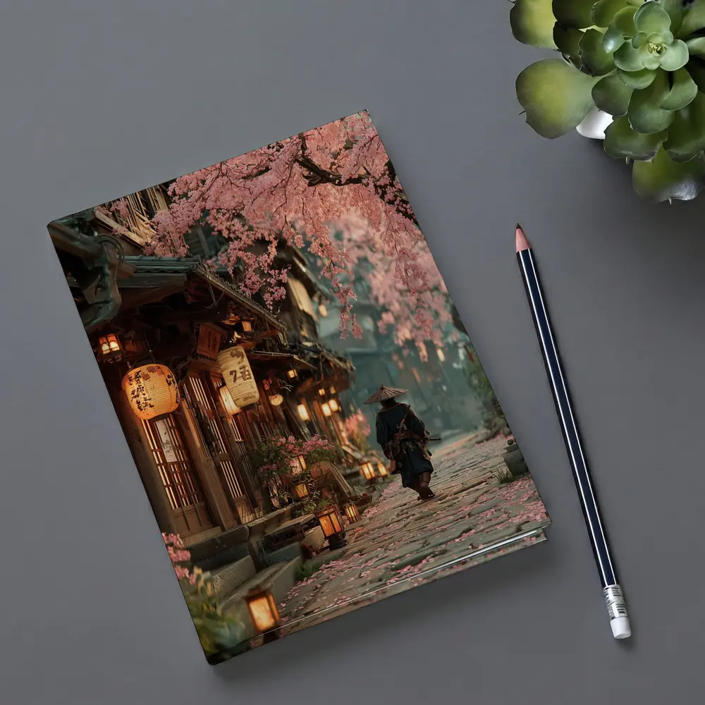 Samurai Walking Cherry Blossom Japanese Street – Notebooks