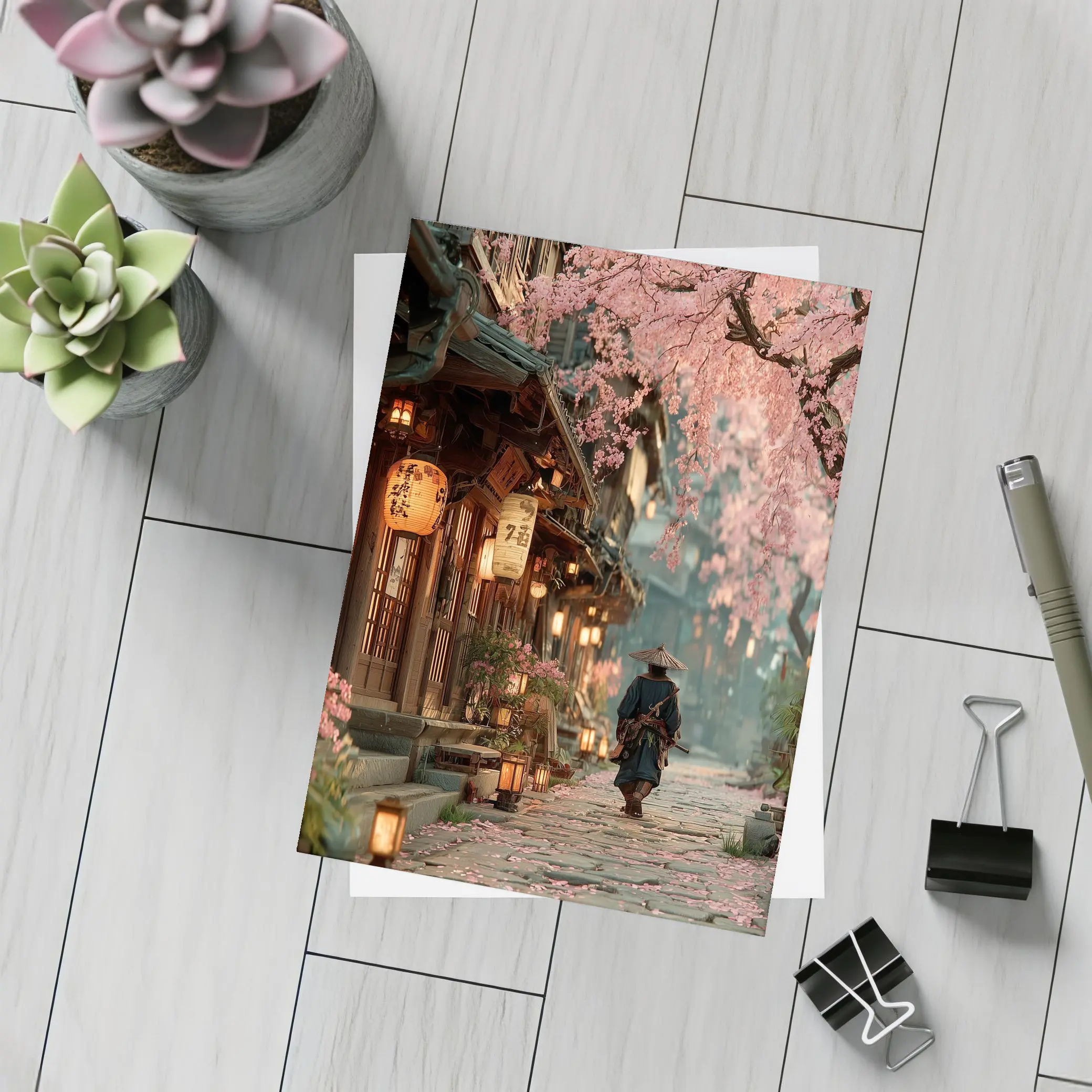 Samurai Walking Cherry Blossom Japanese Street – Postcards