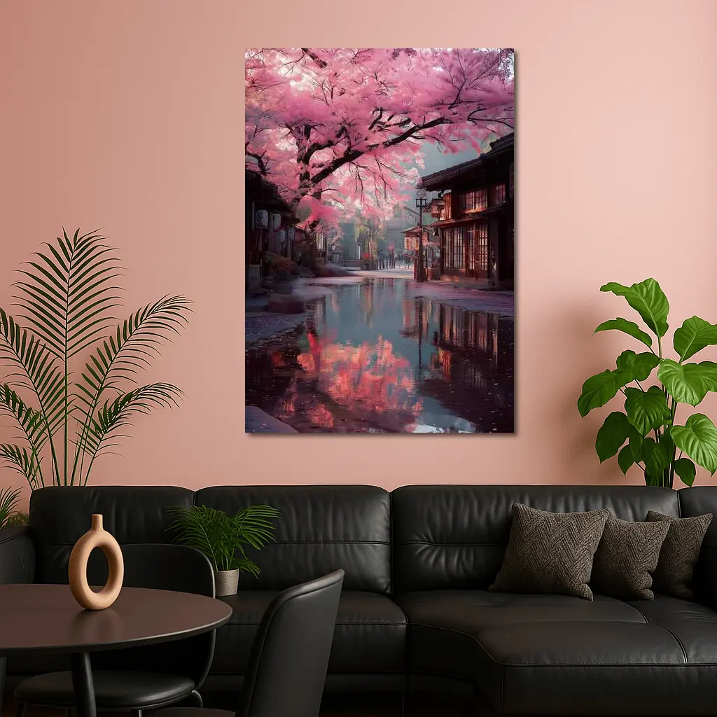 Cherry Blossoms Rainy Japanese Street Reflection – Wall Art