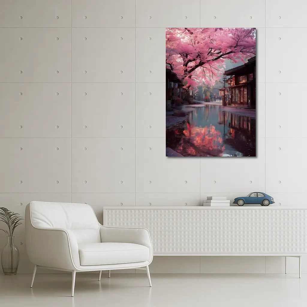 Cherry Blossoms Rainy Japanese Street Reflection – Wall Art