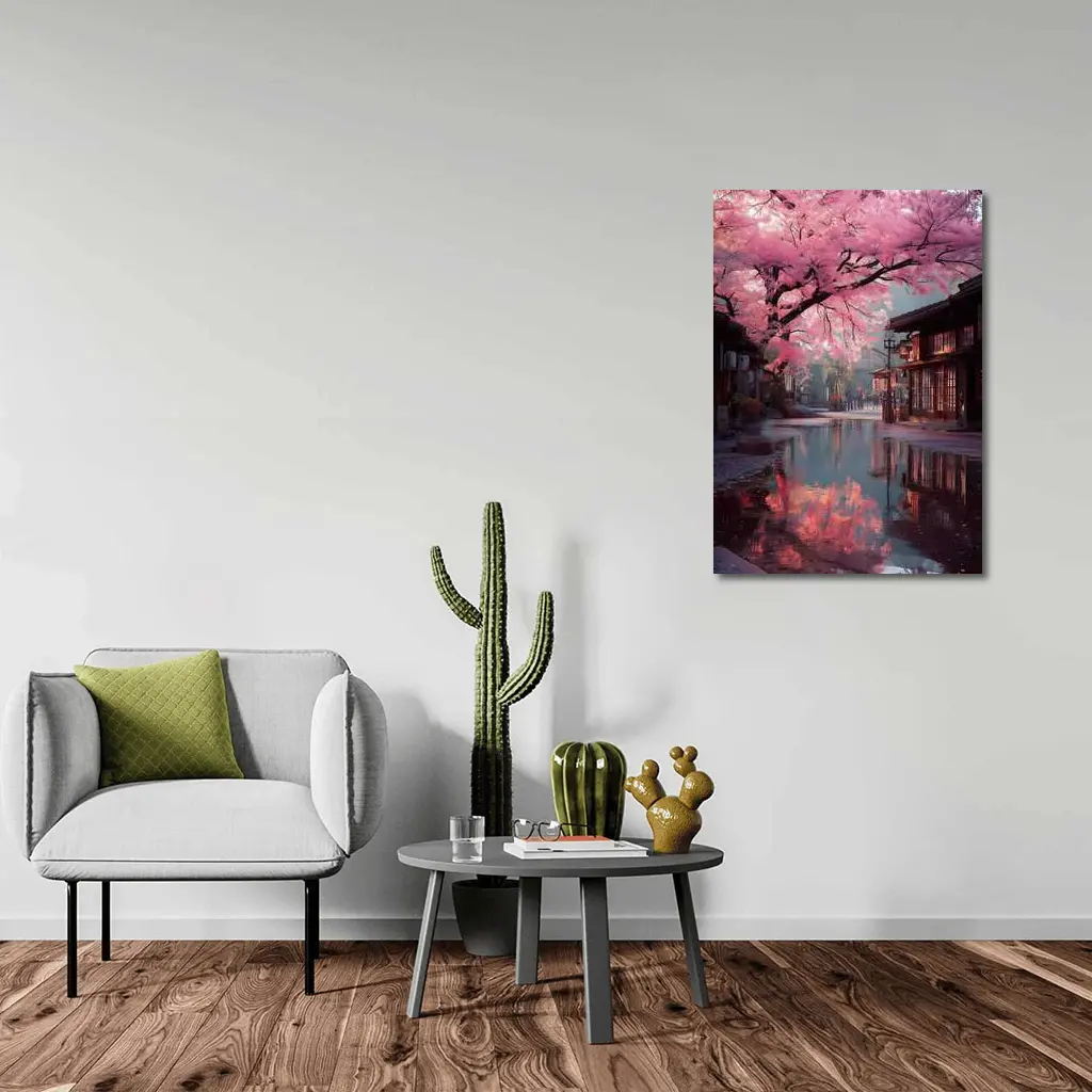 Cherry Blossoms Rainy Japanese Street Reflection – Wall Art
