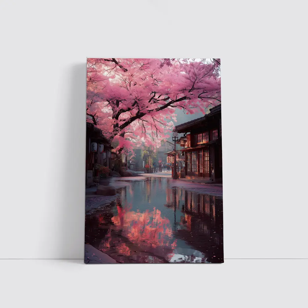 Cherry Blossoms Rainy Japanese Street Reflection – Wall Art