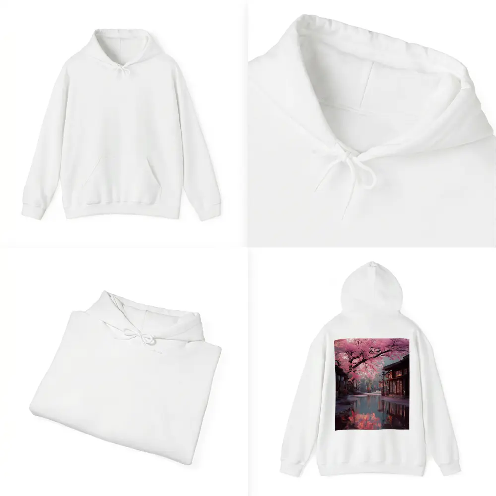 Cherry Blossoms Rainy Japanese Street Reflection – Hoodies