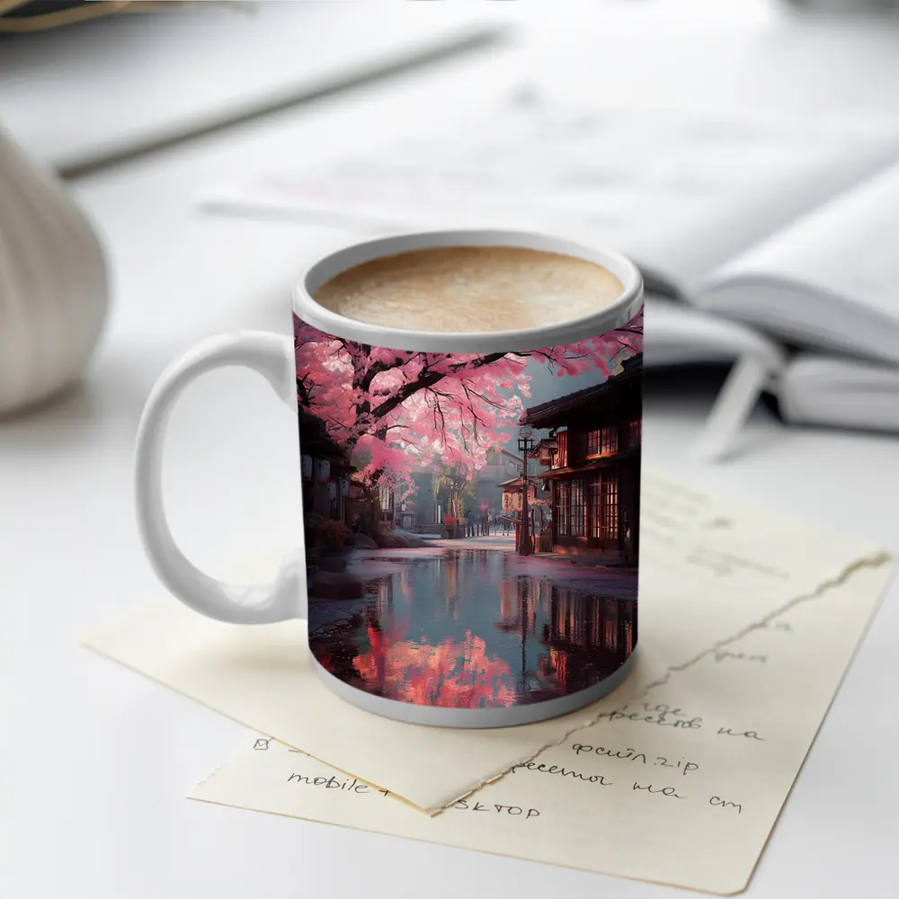 Cherry Blossoms Rainy Japanese Street Reflection – Mugs