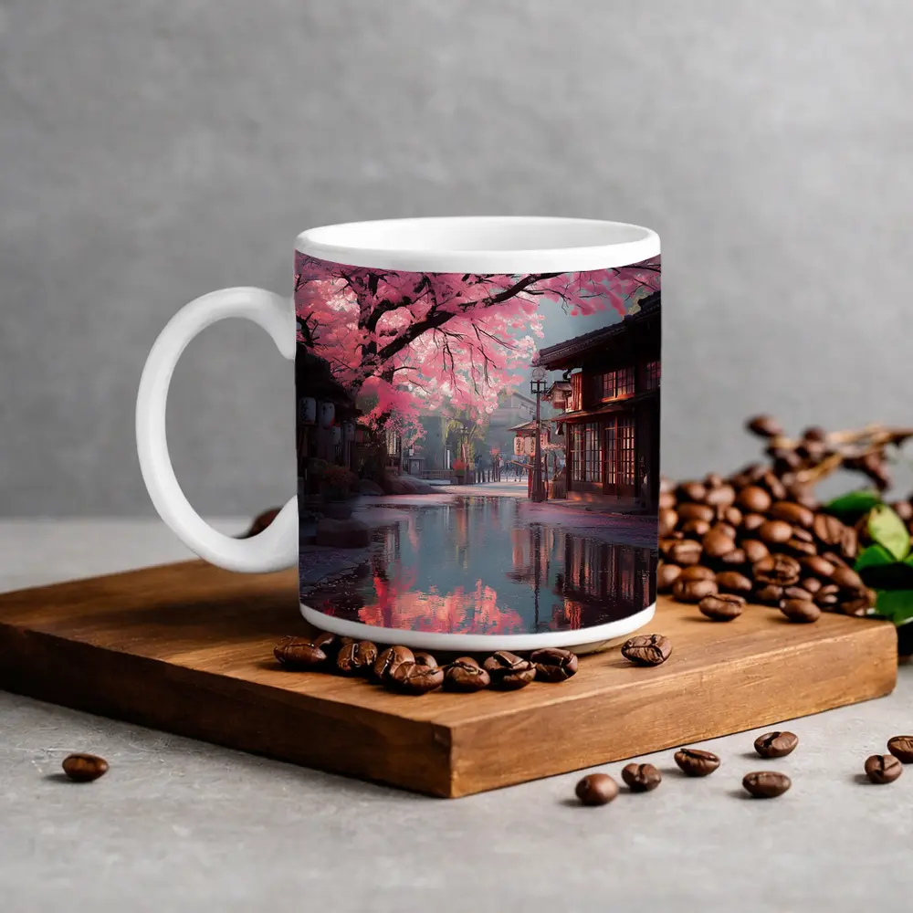 Cherry Blossoms Rainy Japanese Street Reflection – Mugs
