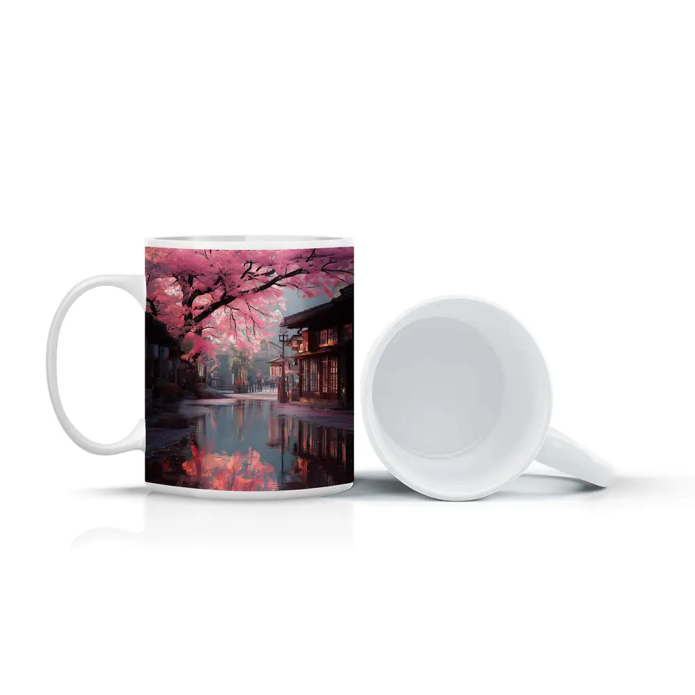 Cherry Blossoms Rainy Japanese Street Reflection – Mugs