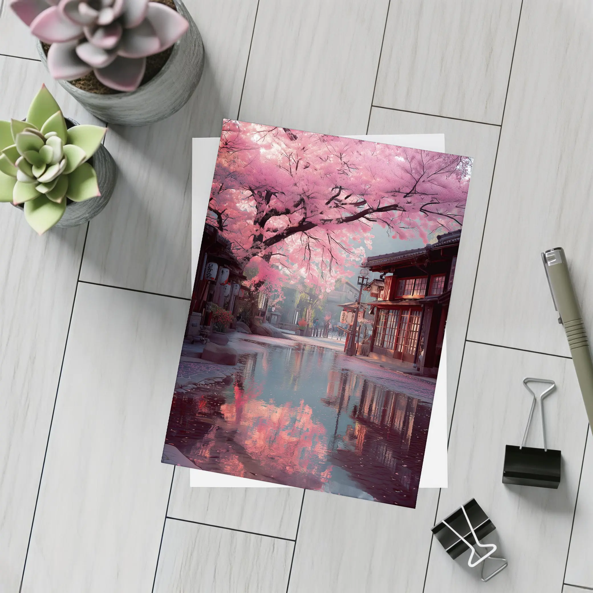 Cherry Blossoms Rainy Japanese Street Reflection – Postcards