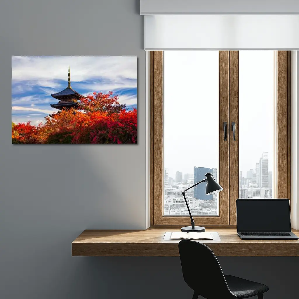 Japanese Pagoda Tower Autumn Red Foliage Sky – Wall Art