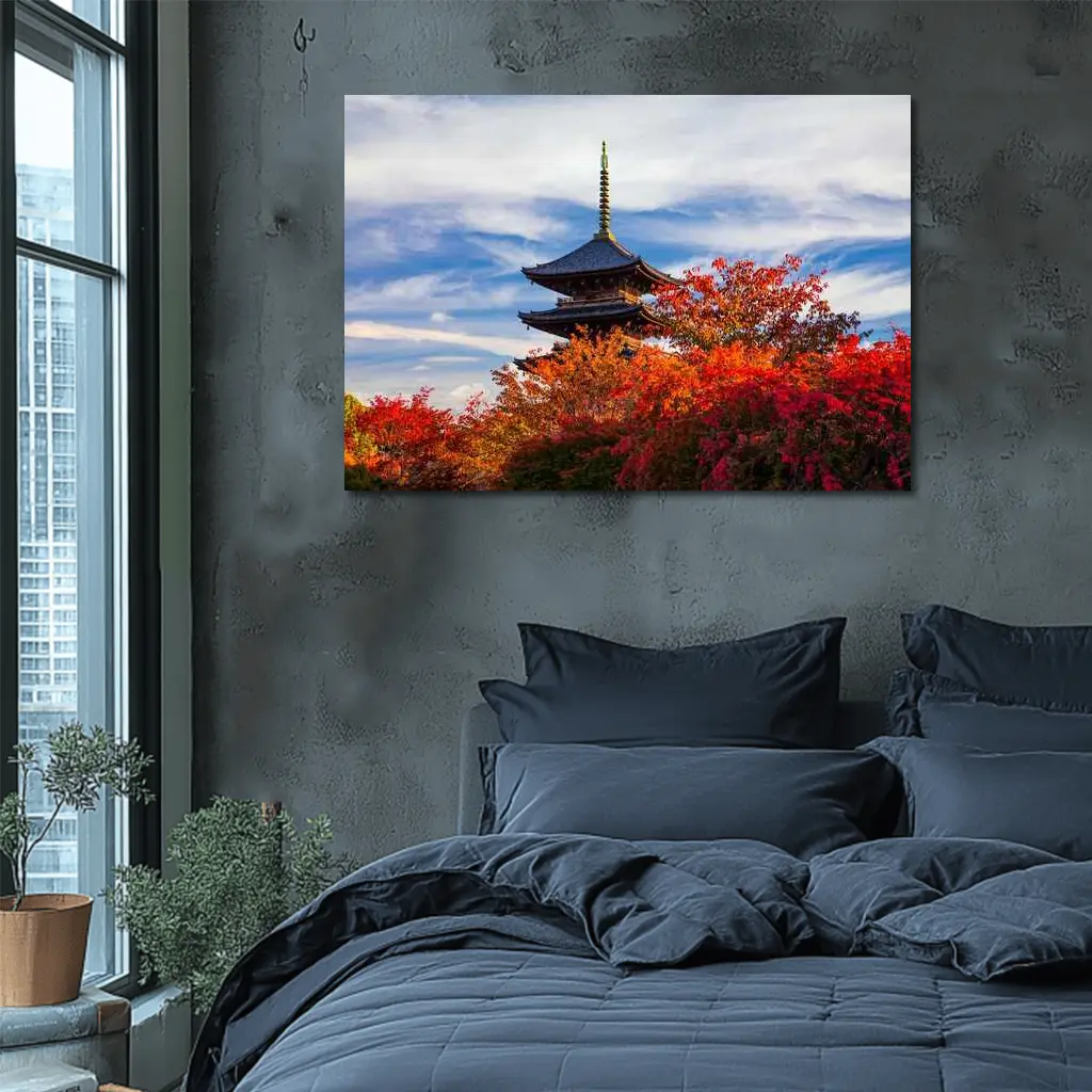 Japanese Pagoda Tower Autumn Red Foliage Sky – Wall Art