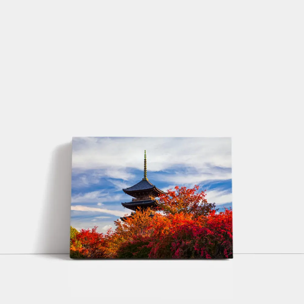 Japanese Pagoda Tower Autumn Red Foliage Sky – Wall Art