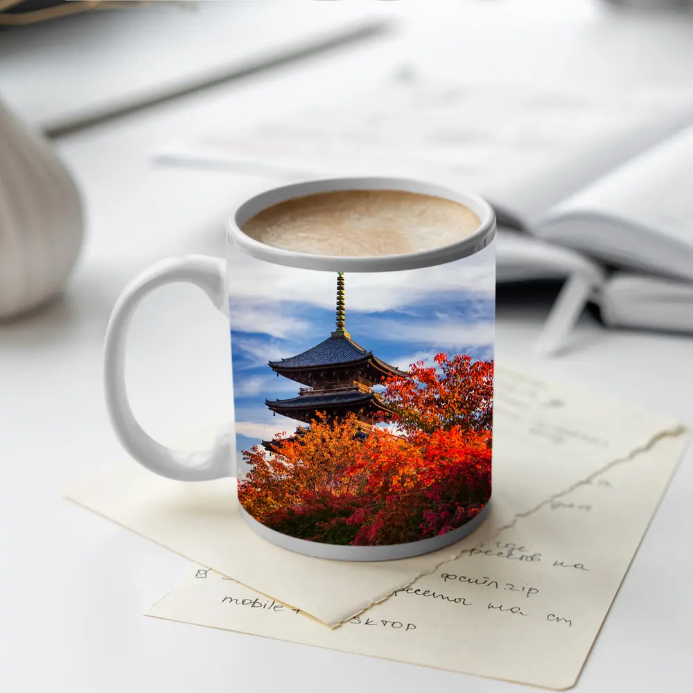 Japanese Pagoda Tower Autumn Red Foliage Sky – Mugs
