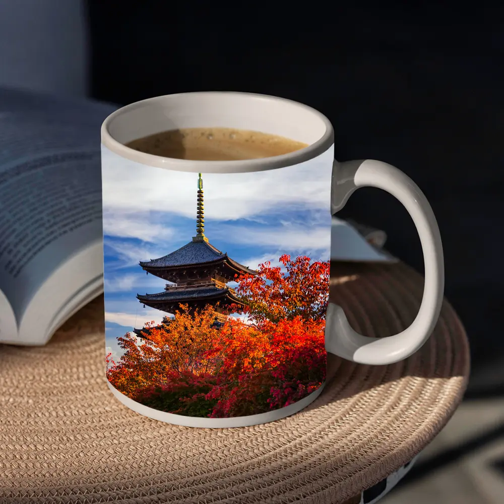 Japanese Pagoda Tower Autumn Red Foliage Sky – Mugs