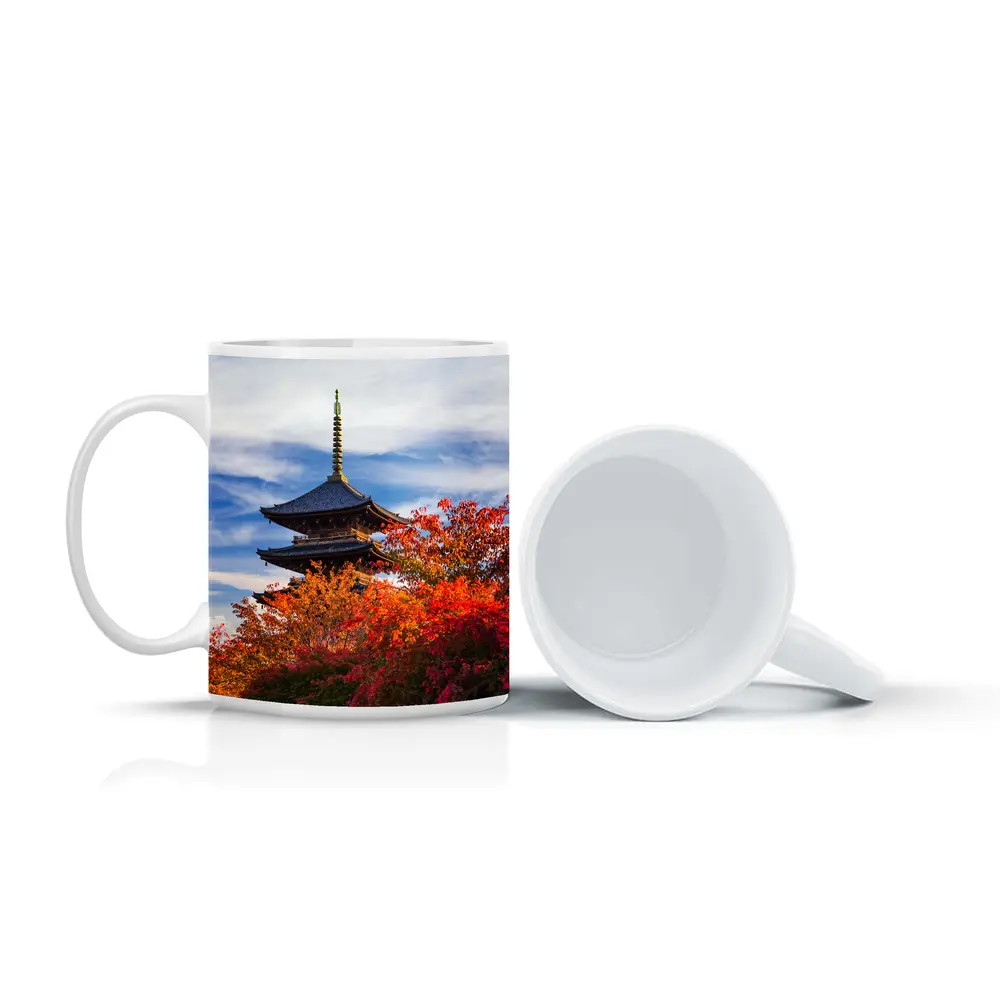 Japanese Pagoda Tower Autumn Red Foliage Sky – Mugs
