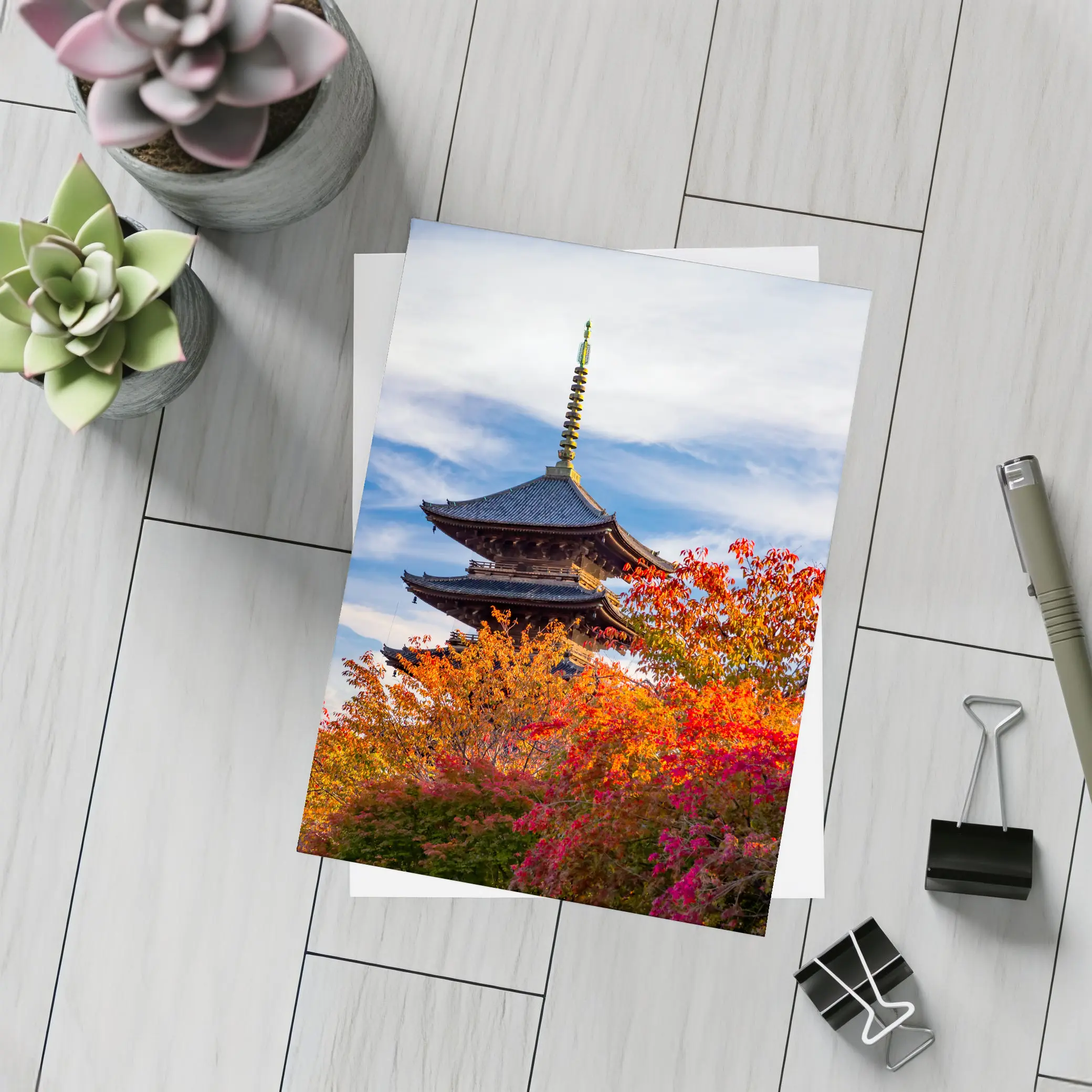 Japanese Pagoda Tower Autumn Red Foliage Sky – Postcards