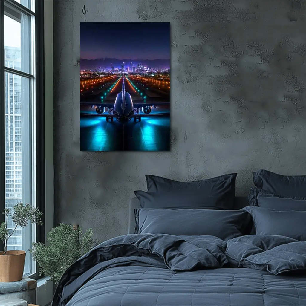 Airplane On Runway City Skyline Night – Wall Art